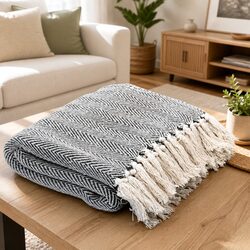Cotton Throw Blanket Herringbone Plaid 125x150cm Navy Blue Tassel Design