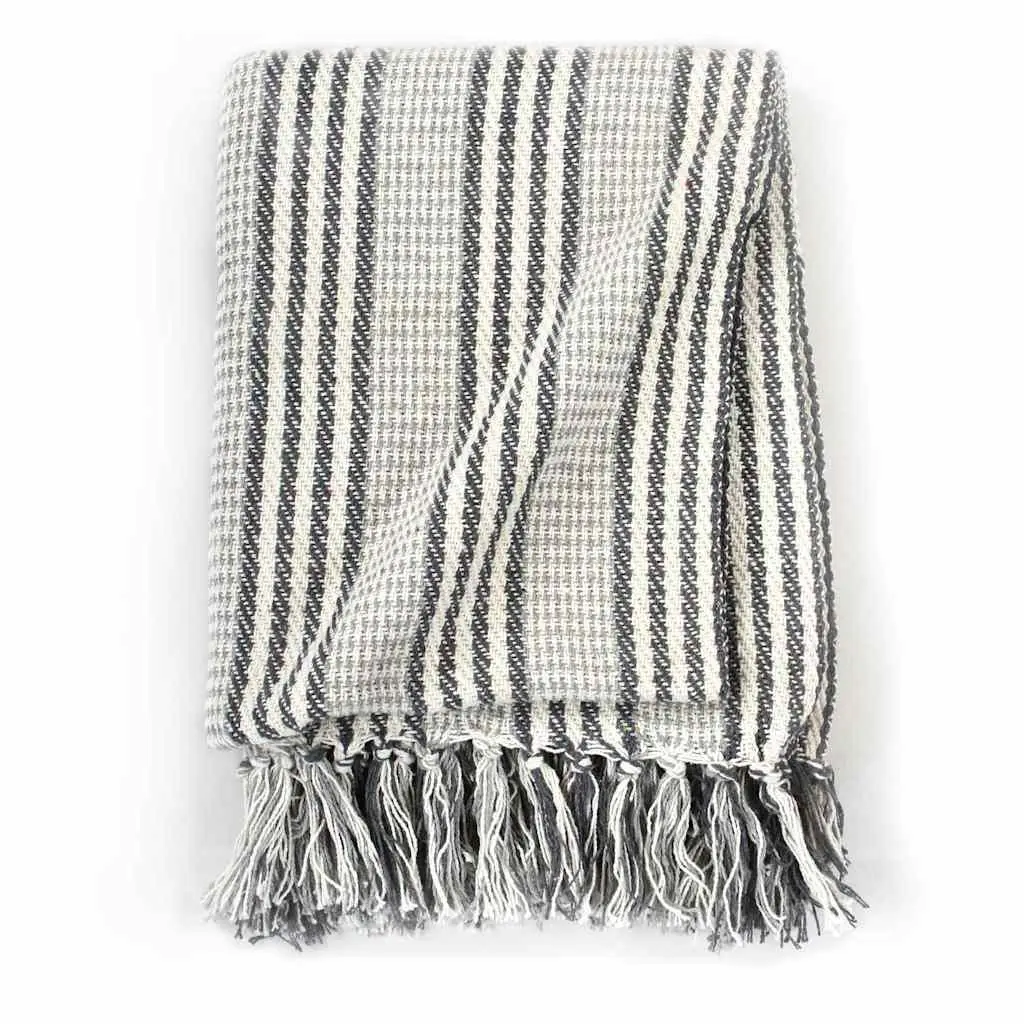 Cotton Throw Blanket Soft Striped Plaid 125x150 cm Grey White with Tassels
