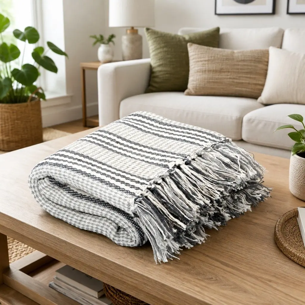 Cotton Throw Blanket Soft Striped 220x250 cm Grey White Tassel