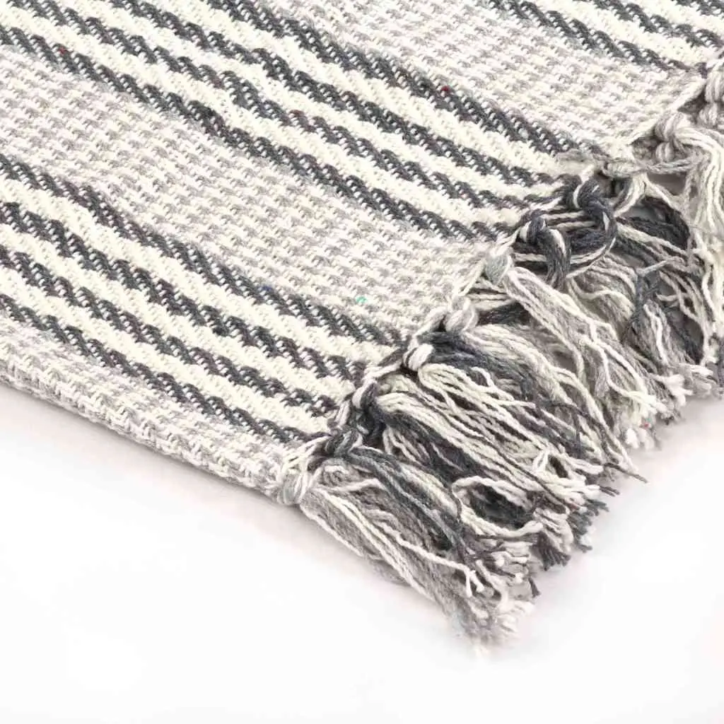 Cotton Throw Blanket Soft Striped 220x250 cm Grey White Tassel