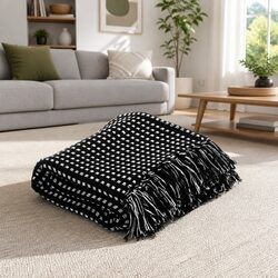 Cotton Throw Blanket 160x210 cm Black Plaid Soft Tassels Sofa Bed Chair Drape