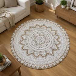 Round Area Rug Braided Jute Handwoven Mandala Print 90cm Beige Home Decor