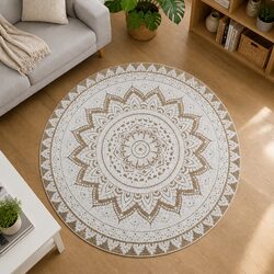 Round Area Rug Braided Jute Mandala Print Home Decor Living Room Carpet 150cm