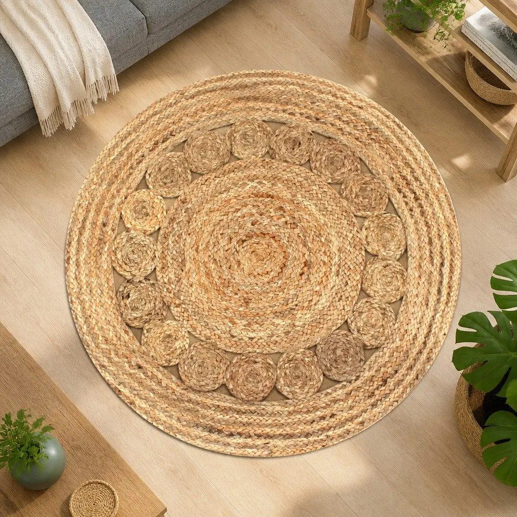 Round Area Rug Braided Jute Natural Texture 90cm Beige Handwoven Carpet