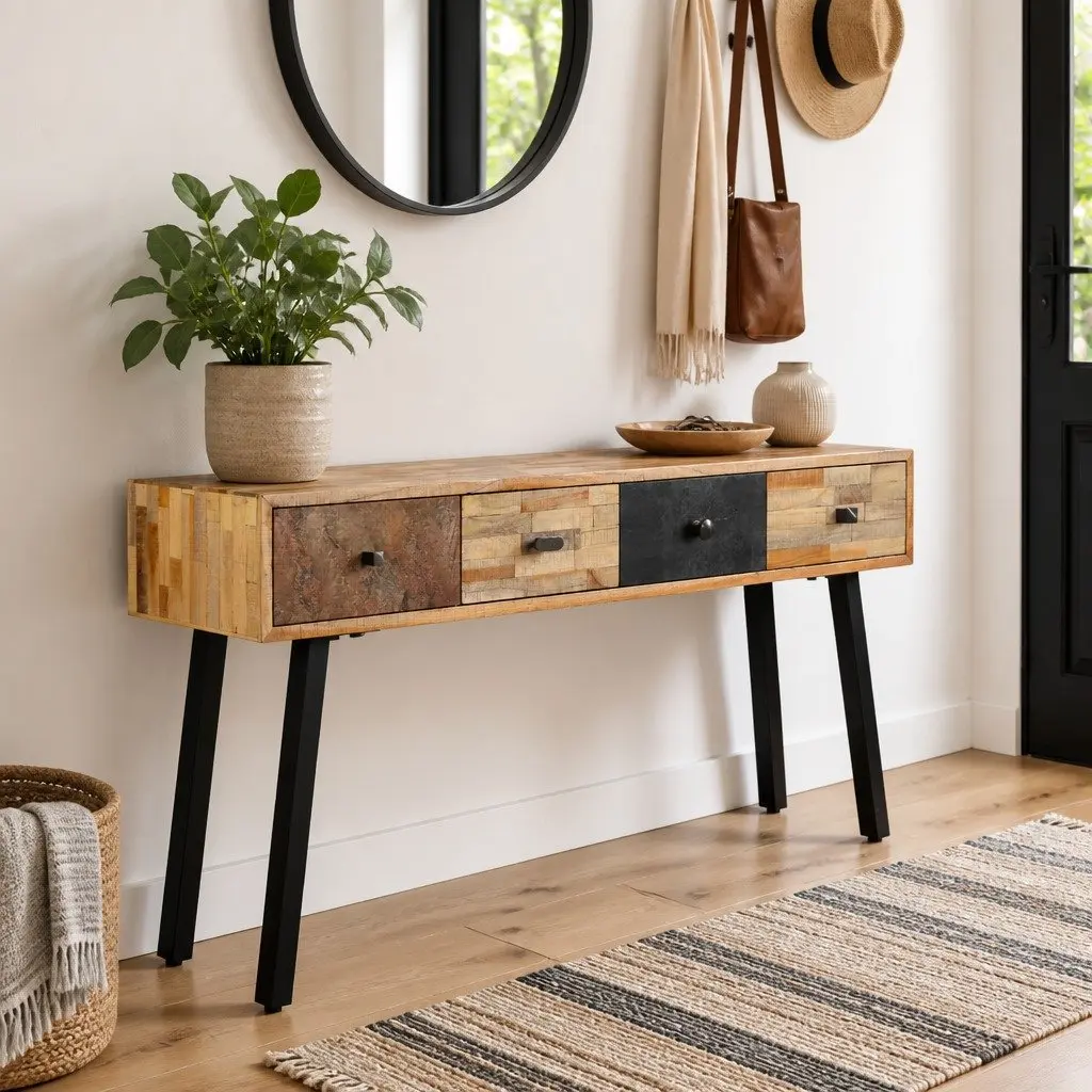Console Table Vintage Style 120x30x76cm Solid Reclaimed Teak with Four Drawers