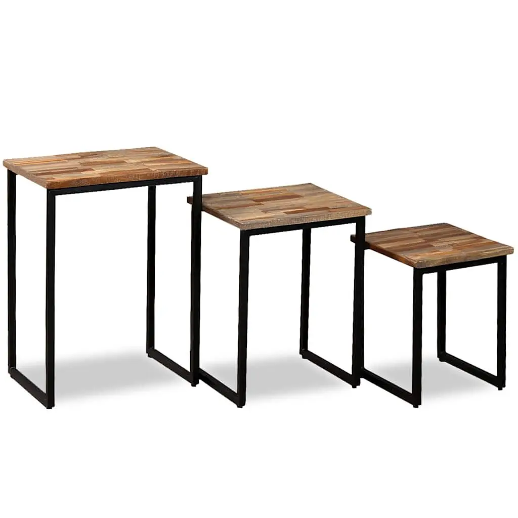 3 Piece Nesting Coffee Table Set Reclaimed Teak Industrial Style Brown