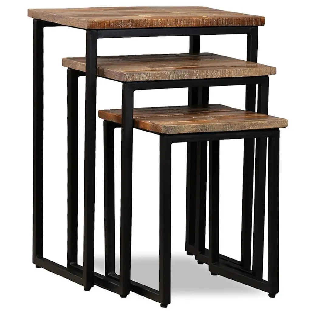 3 Piece Nesting Coffee Table Set Reclaimed Teak Industrial Style Brown