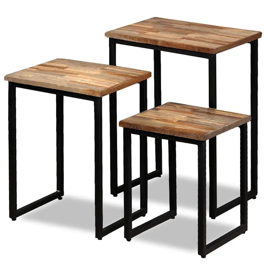 3 Piece Nesting Coffee Table Set Reclaimed Teak Industrial Style Brown