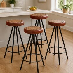 Bar Stools Set of 4 Industrial Style Leather Canvas Upholstered Dining