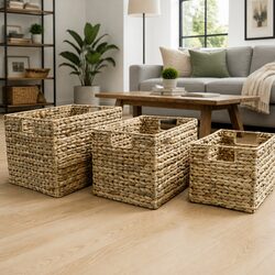 Storage Basket Set 3 Pieces Water Hyacinth Brown Woven Household Organizer