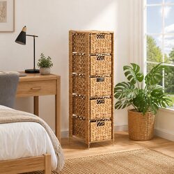 Storage Cabinet with 5 Baskets Brown Water Hyacinth Drawer Unit Rustic Style