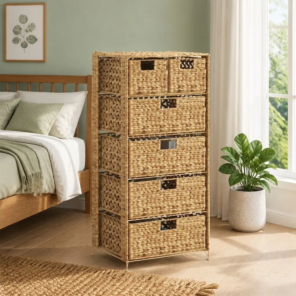 Storage Cabinet 6 Drawers Brown Water Hyacinth Organizer