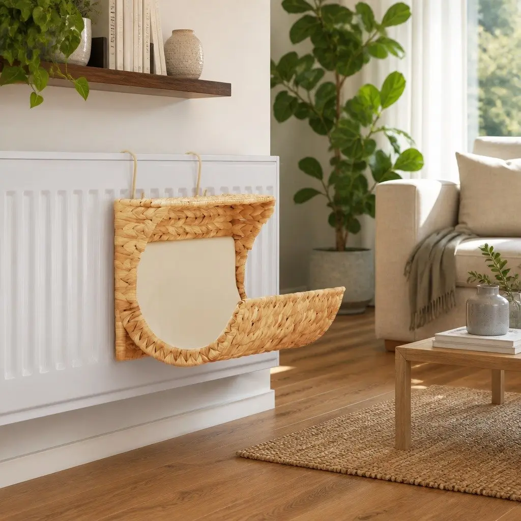 Cat Bed with Water Hyacinth Woven Design Metal Frame Brown Radiator Pet Rest