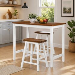 Bar Table and Stool Set 3 Piece Kitchen Dining Furniture Brown Wood Stools
