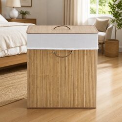 Bamboo Laundry Bin Rectangular Brown Household Storage Basket with Handles