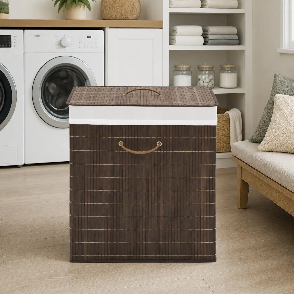 Bamboo Laundry Bin Rectangular Brown Hamper with Removable Liner and Handles