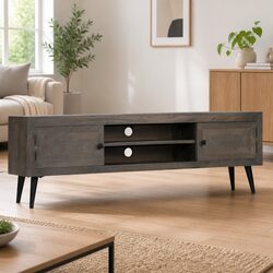 TV Cabinet Solid Mango Wood Storage Unit Sideboard HiFi Entertainment Grey 140cm