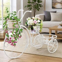 Bicycle Shape Plant Stand Metal 3 Holders Vintage Style White Indoor Garden