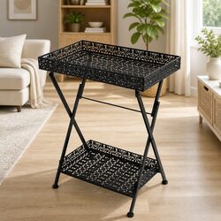 Folding Tea Table Vintage Style Metal End Table Storage Basket Black Antique