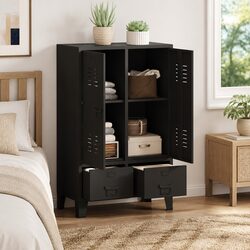 Industrial Metal Wardrobe Cabinet Storage Cupboard 2 Drawers Shelves Black