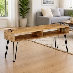 TV Stand Solid Mango Wood Living Room HiFi Cabinet Storage Shelf Industrial