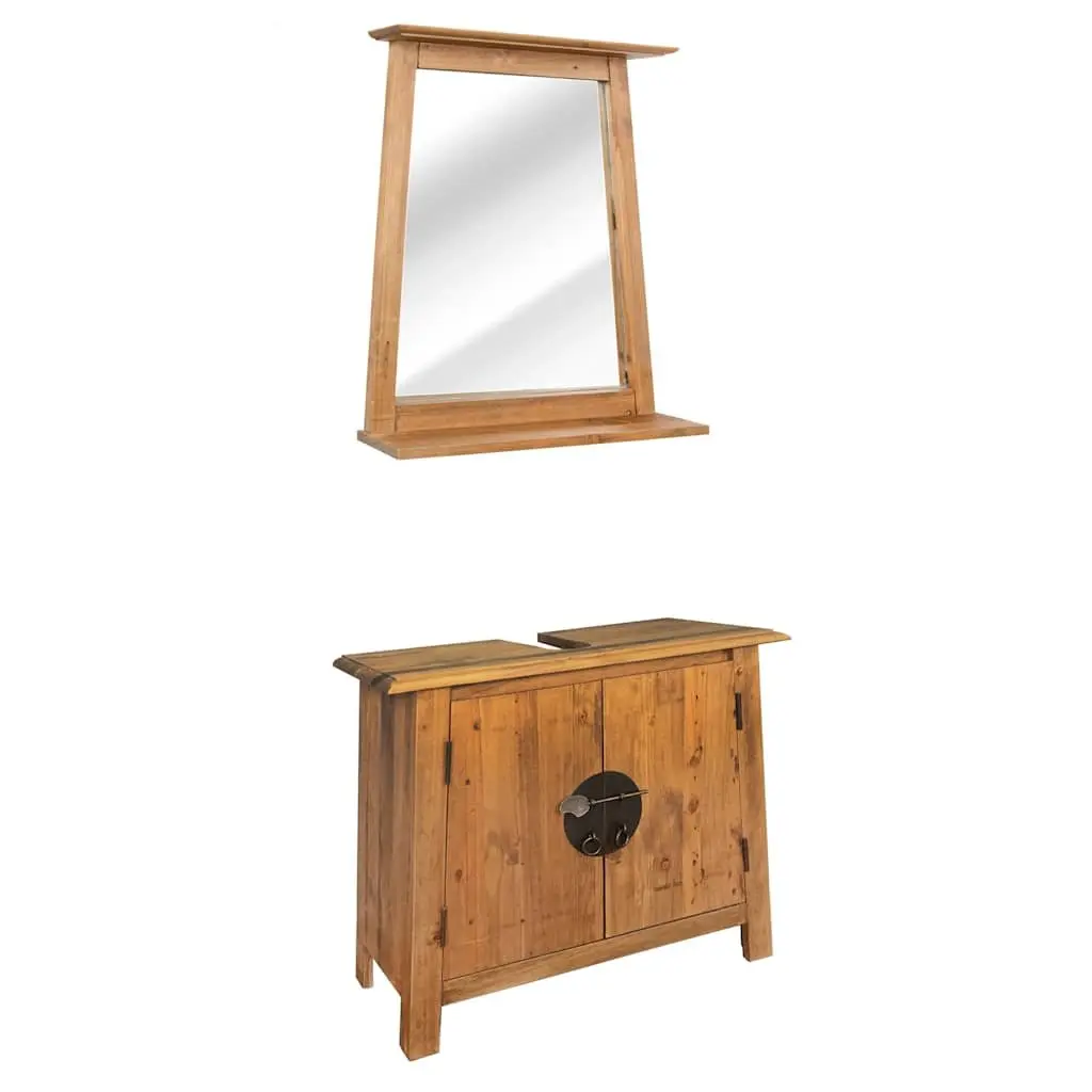 Bathroom Set Retro Style Vanity Cabinet and Mirror Frame Brown Solid Pinewood