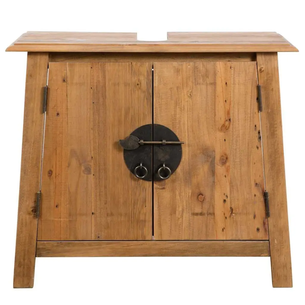 Bathroom Set Retro Style Vanity Cabinet and Mirror Frame Brown Solid Pinewood