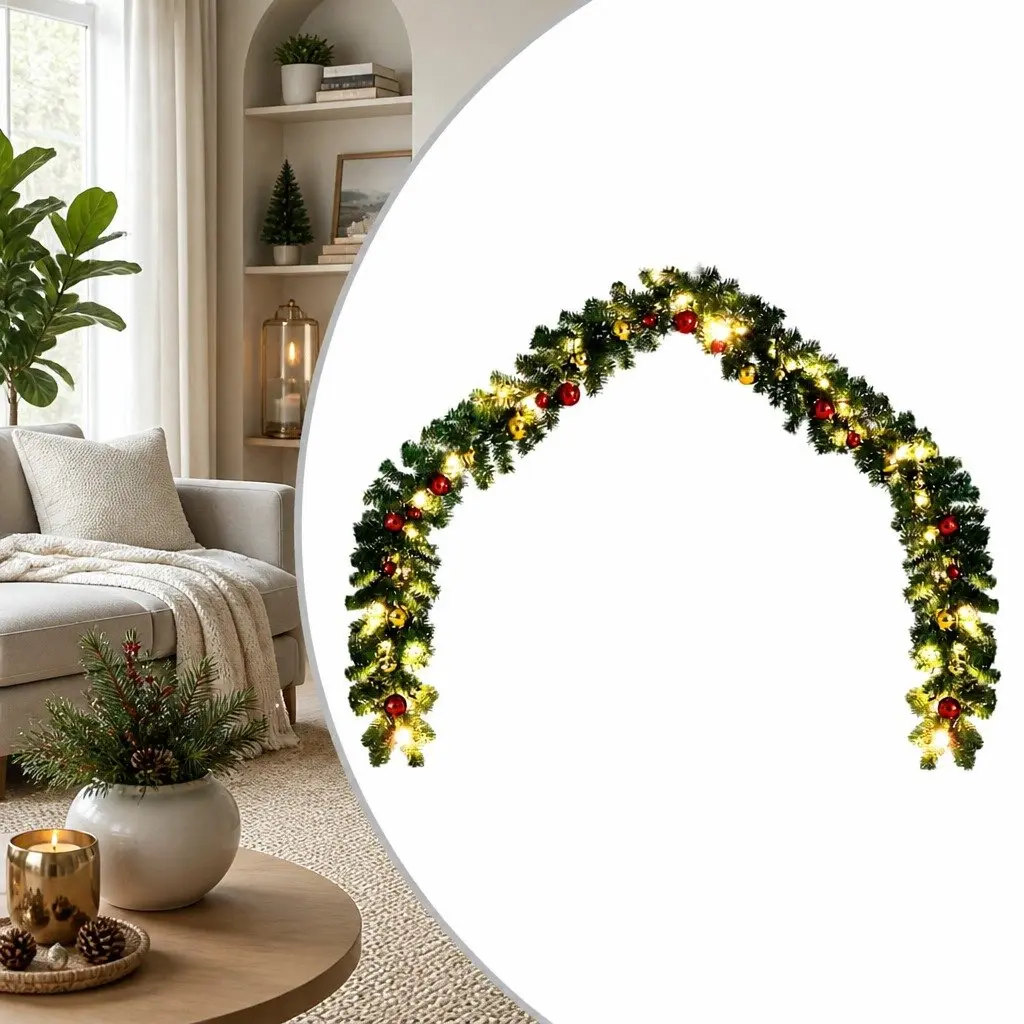 Christmas Garland LED Lights 20m Green Baubles PVC