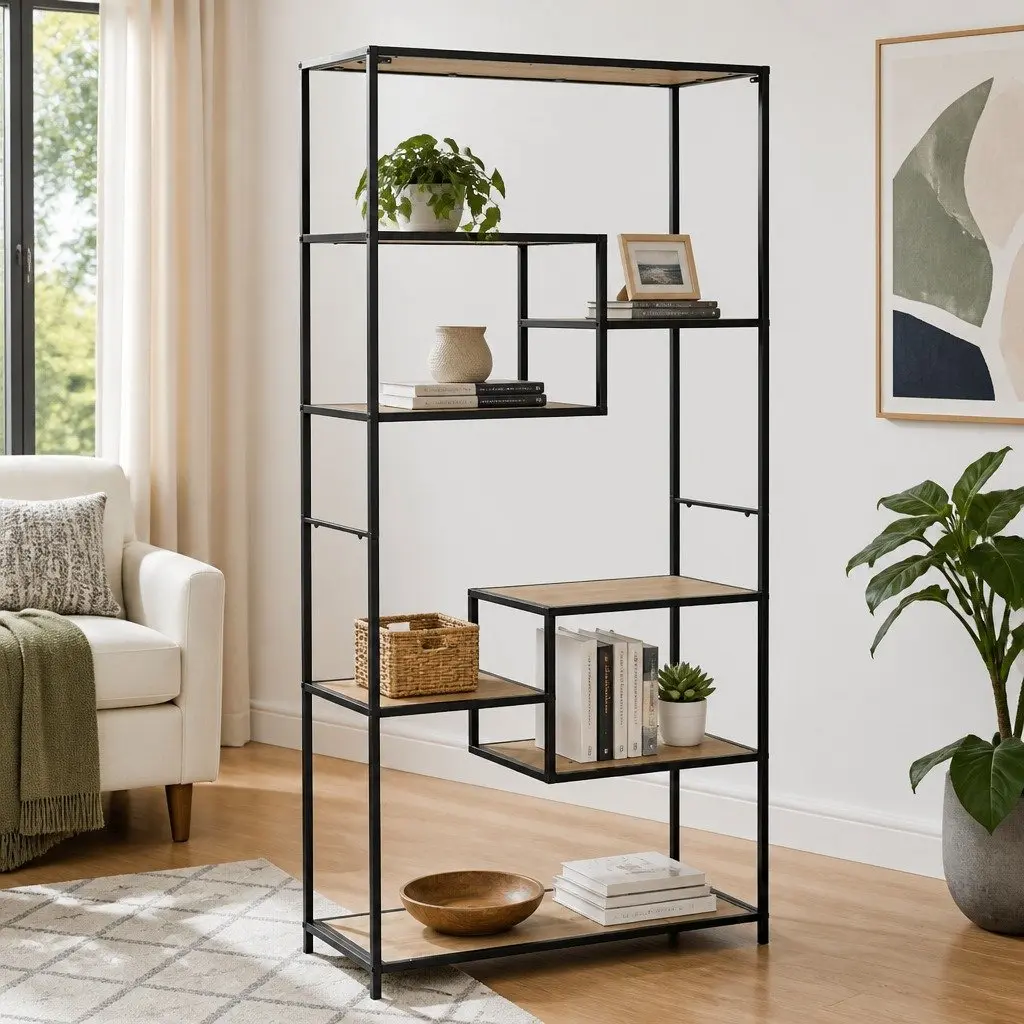 Bookcase Standing Shelf Solid Firwood Steel Frame Industrial Storage Display