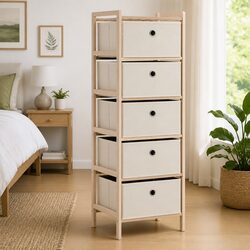 Storage Rack with 5 Fabric Baskets Cedar Wood Home Organizer Beige
