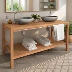 Bathroom Vanity Cabinet Solid Teak 132x45x75cm Brown Sink Storage Furniture