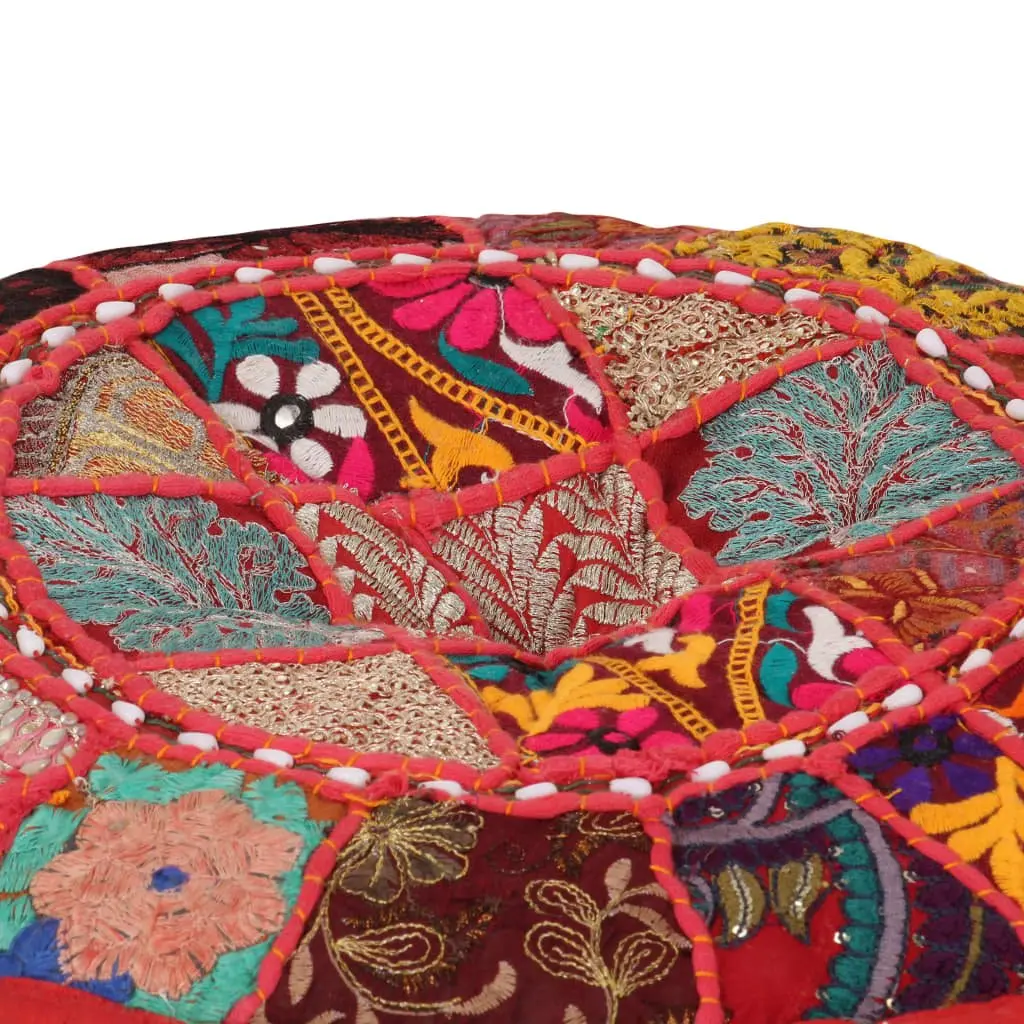 Round Pouffe Footstool Handmade Patchwork Embroidered Red Cotton 40x20cm