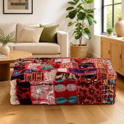 Patchwork Square Pouffe Footstool Handmade Cotton Embroidered Ottoman Hassock