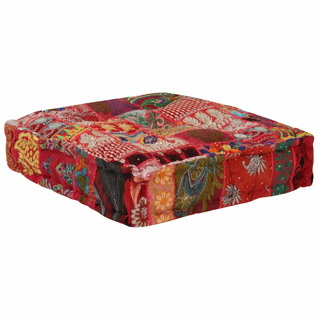 Patchwork Pouffe Handmade Cotton Embroidered Footstool Multicolour 50x50x12cm