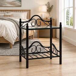 Bedside Table Black Steel Frame Tempered Glass 2 Shelves Nightstand Bedroom