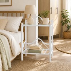 Bedside Table White Steel Frame Tempered Glass 2 Shelves Nightstand Furniture