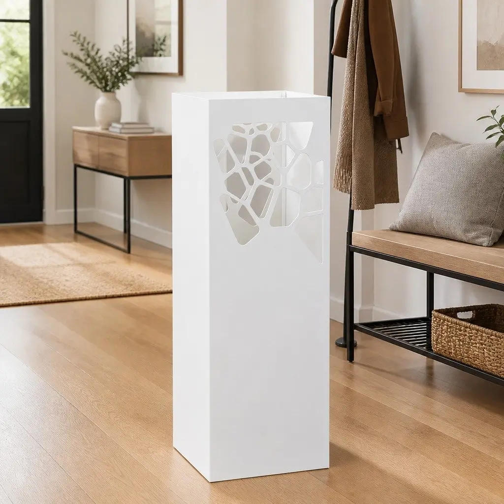 Umbrella Stand with Removable Drip Tray Modern White Steel Holder