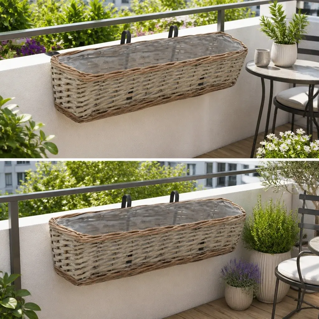 Wicker Planter 60 cm Brown PE Lining Hanging Garden Pot 2 Piece