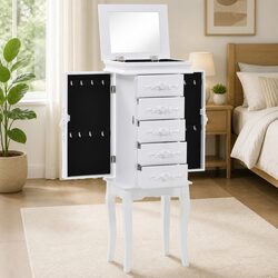 White Free Standing Jewelry Cabinet Storage Box Organizer Earrings Necklaces