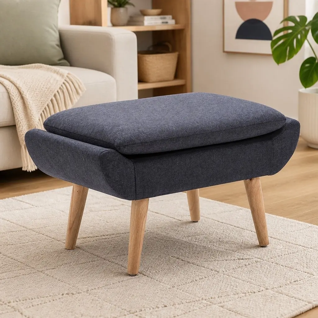 Upholstered Footstool Ottoman Grey Fabric Padded Seat Rest Stool Living Room