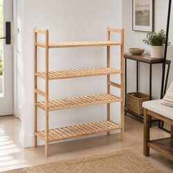Shoe Rack 4 Shelves Walnut Wood Storage Organiser Latticed Platform Home Bedroom