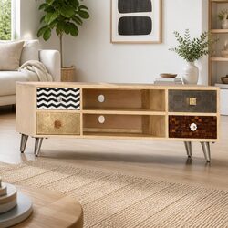 TV Cabinet Brown Solid Mango Wood Industrial Style Living Room Entertainment