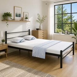 Double Bed Frame Black Metal Slatted Base Bedroom Furniture No Mattress
