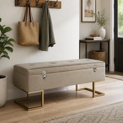 Storage Bench 105 cm Beige Velvet Upholstered Entryway Seating with Compartment