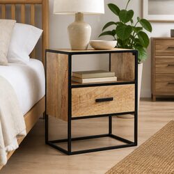 Bedside Table Nightstand 40x30x50cm Solid Mango Wood with Steel Legs Brown