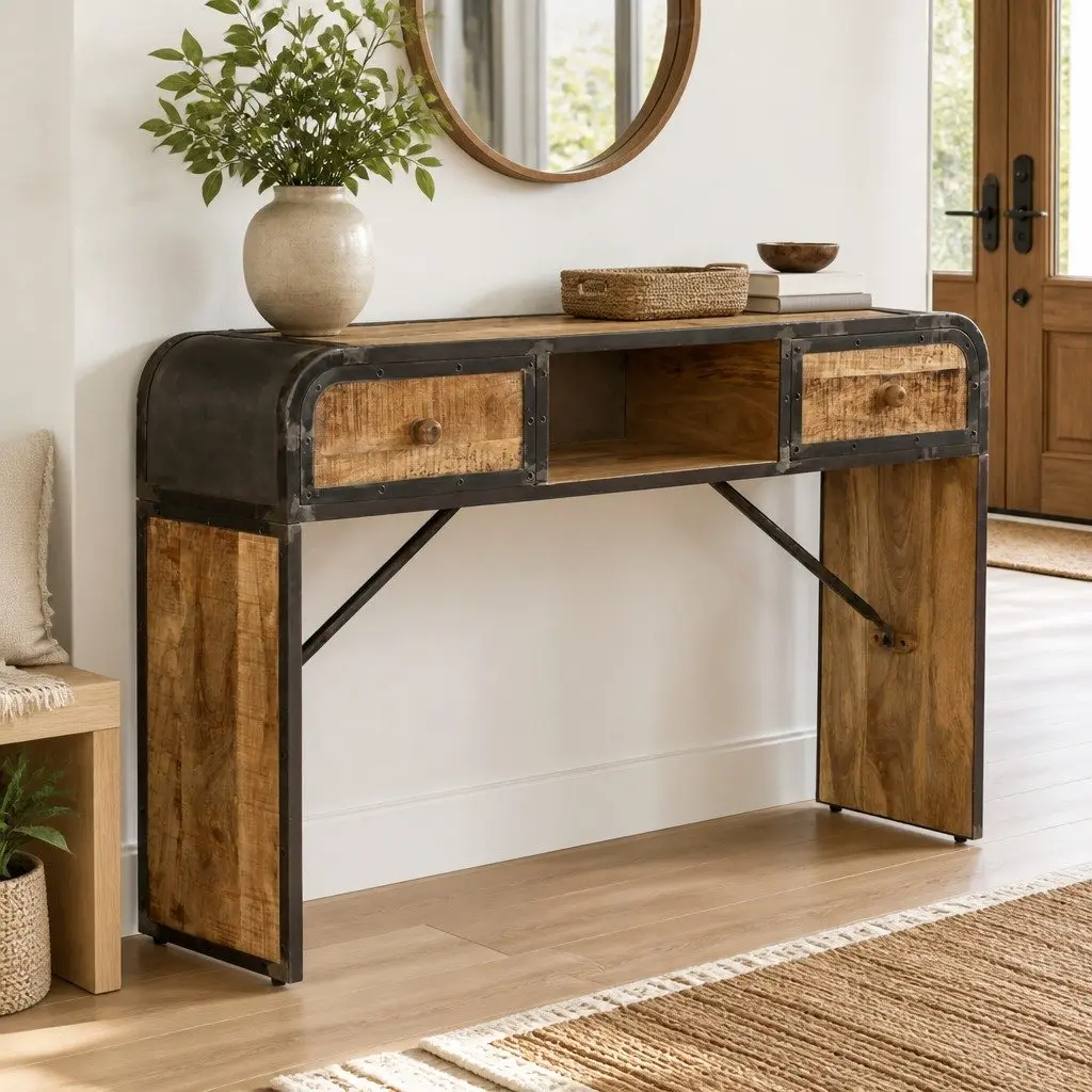 Sideboard Antique Style 120x30x75cm Solid Mango Wood with Iron Frame Brown