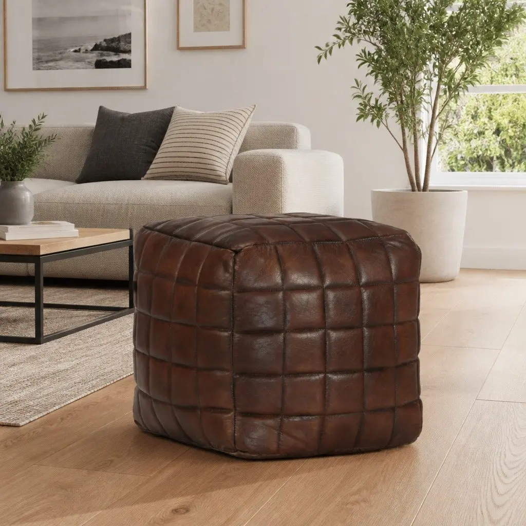 Pouffe Footstool Ottoman Modern Goat Leather Comfort 40 x 40 x 40 cm Brown