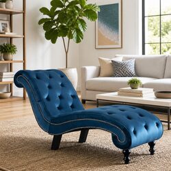 Chaise Lounge Blue Velvet Accent Chair Tufted Design Comfortable Seating