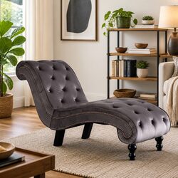 Chaise Lounge Grey Velvet Accent Chair Scrolled Design Button Tufted Bedroom