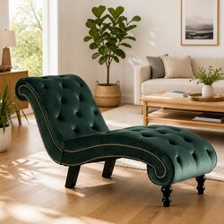 Chaise Lounge Green Velvet Accent Chair Scrolled Design Button Tufted